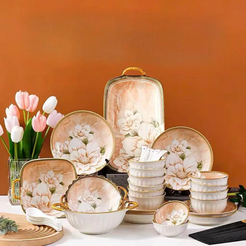 8/11/22 piece set of ceramic tableware, Tableware Sets, with vintage camellia patterns, suitable for holding vegetables and other foods, suitable for daily use such as birthday parties, events and parties