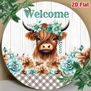 Charming Highland Cow Welcome Sign - 8" x 8" Round Aluminum - Perfect for Halloween and Year-Round Decor - Kitchen, Garden, Office, or Room Wall Art