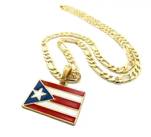 MaxBling81 Puerto Rico Flag Charm Pendant Necklace with 4mm 20"-24" 14K Stamped Brass Figaro Chain, Hip Hop Style Unisex Jewelry for Men and Women