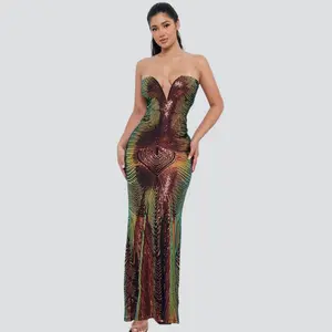 Marlie Iridescent Sequin Patterned Tube Top Maxi Dress-Gold Fabric Formal Womenswear. Comfortable Baby