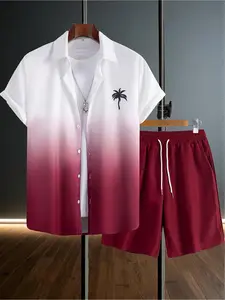 Men's shirt and shorts set (2-piece), brand new gradient-colored short-sleeved shirt and shorts set, suitable for daily wear, casual outings, parties, beaches and other occasions. Men's casual fashionable printed shirt and shorts set