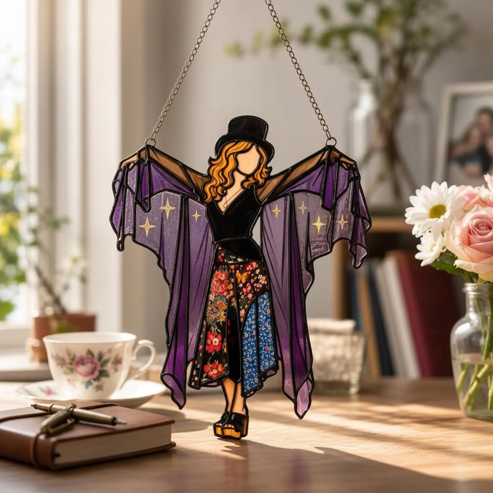 Stevie Nicks Faux Stained Glass Suncatcher, Iconic Fleetwood Mac Music Legend Acrylic Window Hanging, Boho Witchy Decor Gift