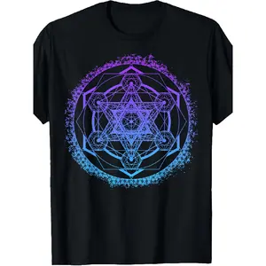 Menswear Short-Sleeve Sacred Geometry T-Shirt - Round Neck, Regular Fit, Streetwear Top with Metatron's Cube, Merkaba Diagram, Retro Yoga & Spiritual Design, Machine Washable Casual Apparel