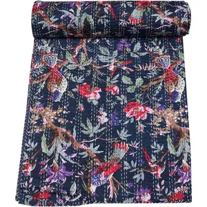 Indian Stitched Pure Cotton Bohemian Bird Print Kantha (Navy, Twin (60"x 90"))