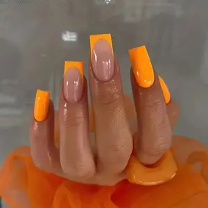 24pcs Glossy Orange French Tip Press On Nails - Medium Length Coffin Fake Nails with Design Glue - Summer Beach Acrylic Nails - Includes Nail File and Nail Glue for Women
