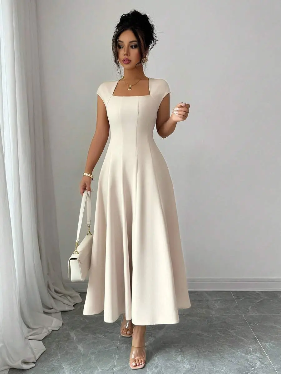 Women's Elegant A-Line Formal Dress with Square Neck, Cap Sleeves, and Flared Hem, High-Waist Fitted Plain Woven Fabric for Evenings, Evening