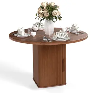 47in Dining Table Exquisite Round Table with 2 Storage Shelf Wood Slide Door and Wooden Base for Dining Room Home Kitchen Canteen