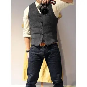 Men's Tweed Vests Vintage Western Cowboy Blend Herringbone Formal Wedding Party Casual Golf Fishing Hunting Vests
