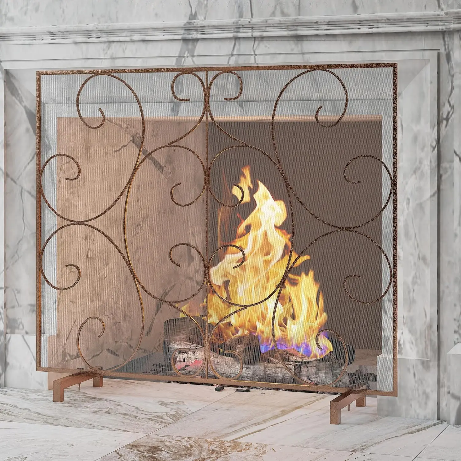 Single Panel Decorative Flat Fireplace Screen Stand Alone Cover Handcrafted Durable Metal Mesh, Heat-resistant Free Standing Firepalce Spark Guard Mesh 37.8"L x 8.8"W x 30.7"H Antique Bronze