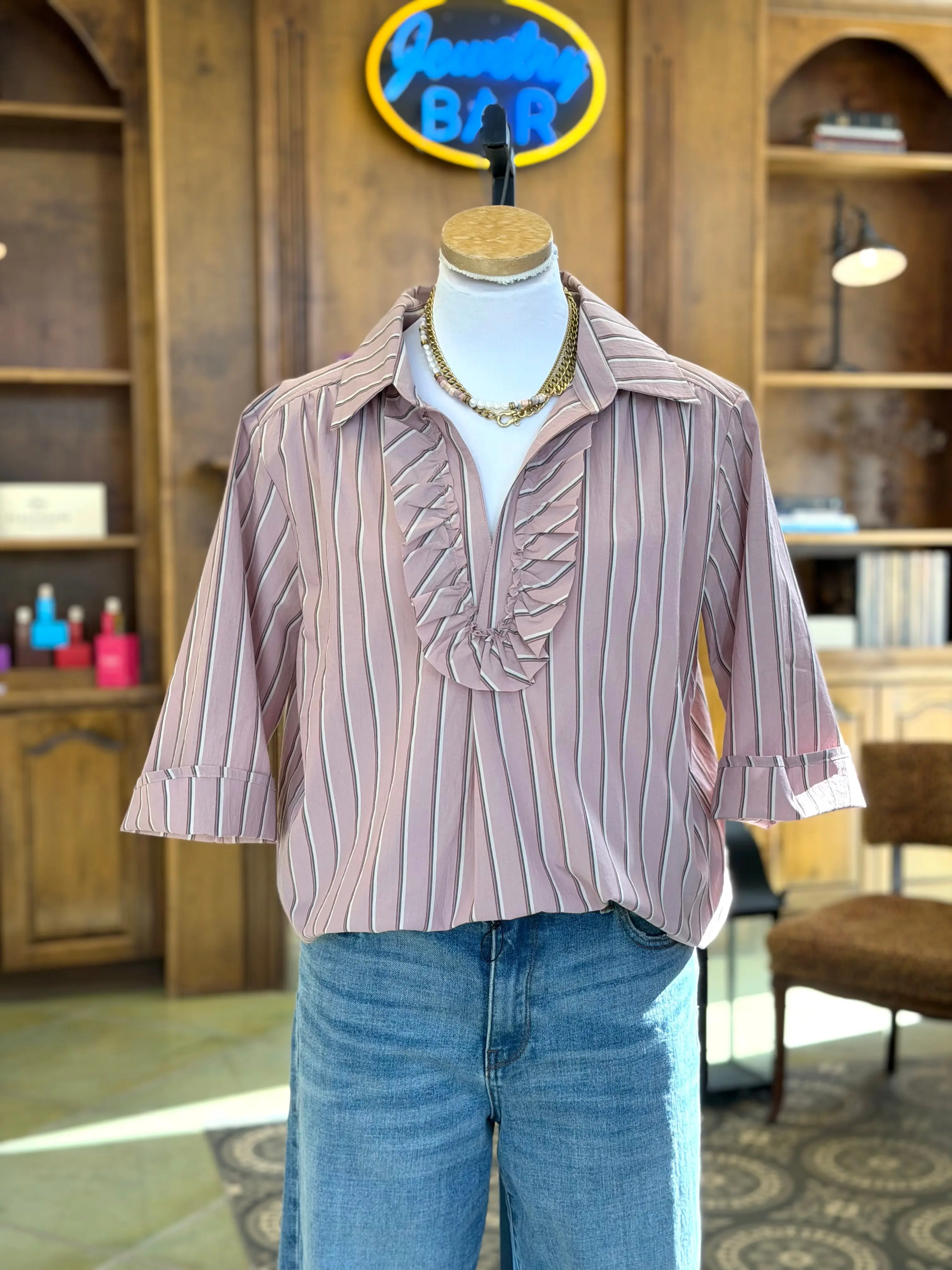Ruffle Front Collar Shirt - Pink Stripe