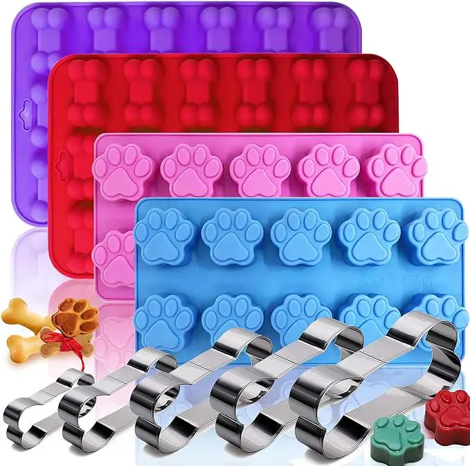 9PCS/Set Silicone Dog Paw & Bone Shaped Cookie Molds - Non-Stick Food Grade Baking Molds for Homemade Dog Treats, Chocolates, and Candy - Pastry Molds for Pet Snacks and Desserts Stainless Puppy Tin