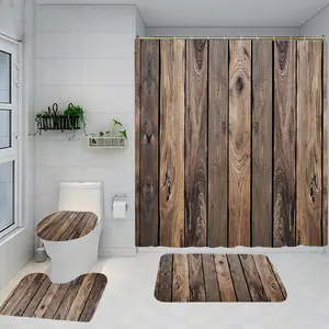 Wooden Board Pattern Shower Curtain Set, Includes Rug & Hooks, Non-Slip Bath Mat, U-Shaped Toilet Lid Pad, Modern Home Decor Accessories
