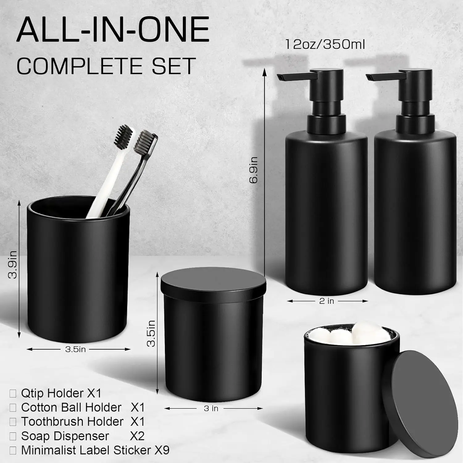 Matte Black Bathroom Accessories Set, 5 Pcs Bathroom Accessories Set, Glass Soap Dispenser and Toothbrush Holder Set, Qtip Holder and Cotton Ball Holder, Modern Bathroom Decor Sets