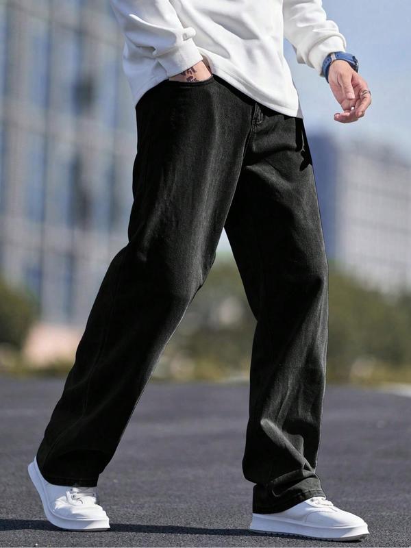 【Plus Size】 Men's Solid Color Wide Leg Slouchy Jeans, Fashion Casual Comfy Denim Trousers for Daily Outdoor Wear, Men Plus Size Bottoms for All Seasons, Pants