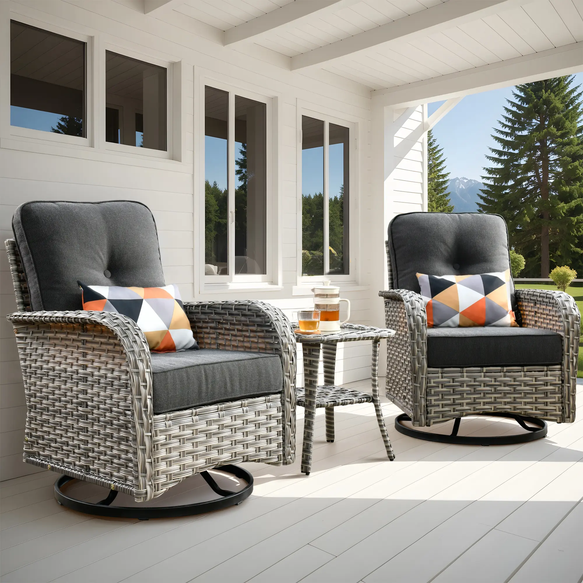 CAODOC Series Patio Swivel Rocking Chair 3-Piece Set with High Back Design, Spacious Armrests, Water & UV Resistant, Includes 4 High-Density Cushions