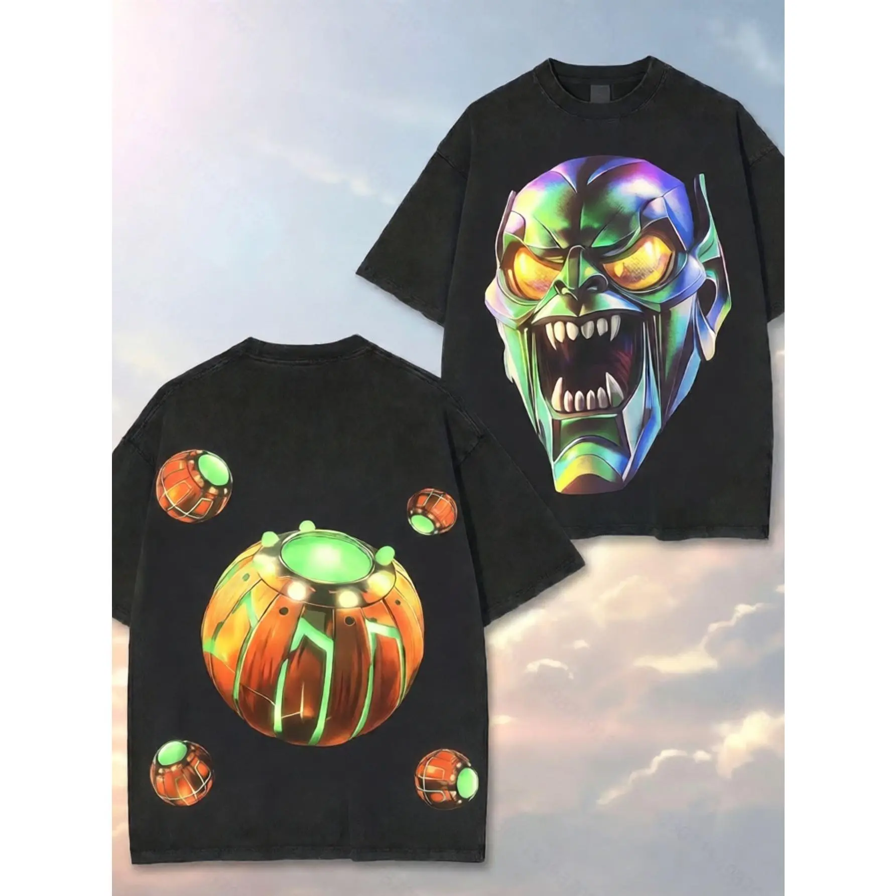 Menswear Short-Sleeve T-Shirt - Retro Washed Black, Oversized Loose Fit, Green Goblin Mask & Pumpkin Bombs Graphic Print, Unisex Casual Streetwear for Outdoor & Daily Wear, Shortsleeve