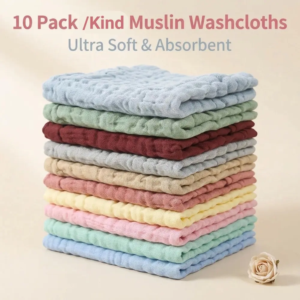 Reusable Face Towels Set of 10, Face Towel Pack, Soft 6 Layer Absorbent Handkerchiefs, Gentle for Sensitive Skin, Home Essential Multi-Color, Reusable Washcloths, Reusable Washable Towels