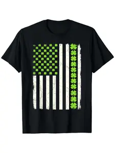 Lucky Shamrocks American Flag St Patrick'S Day T-Shirt |   Unisex Black Soft Fabric 100% Crew Neck Regular Fit Casual Style Print Pattern Perfect for All-Season