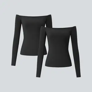 Halara 2-Piece Ribbed Knit Off Shoulder Long Sleeve 2-in-1 Casual Top Set