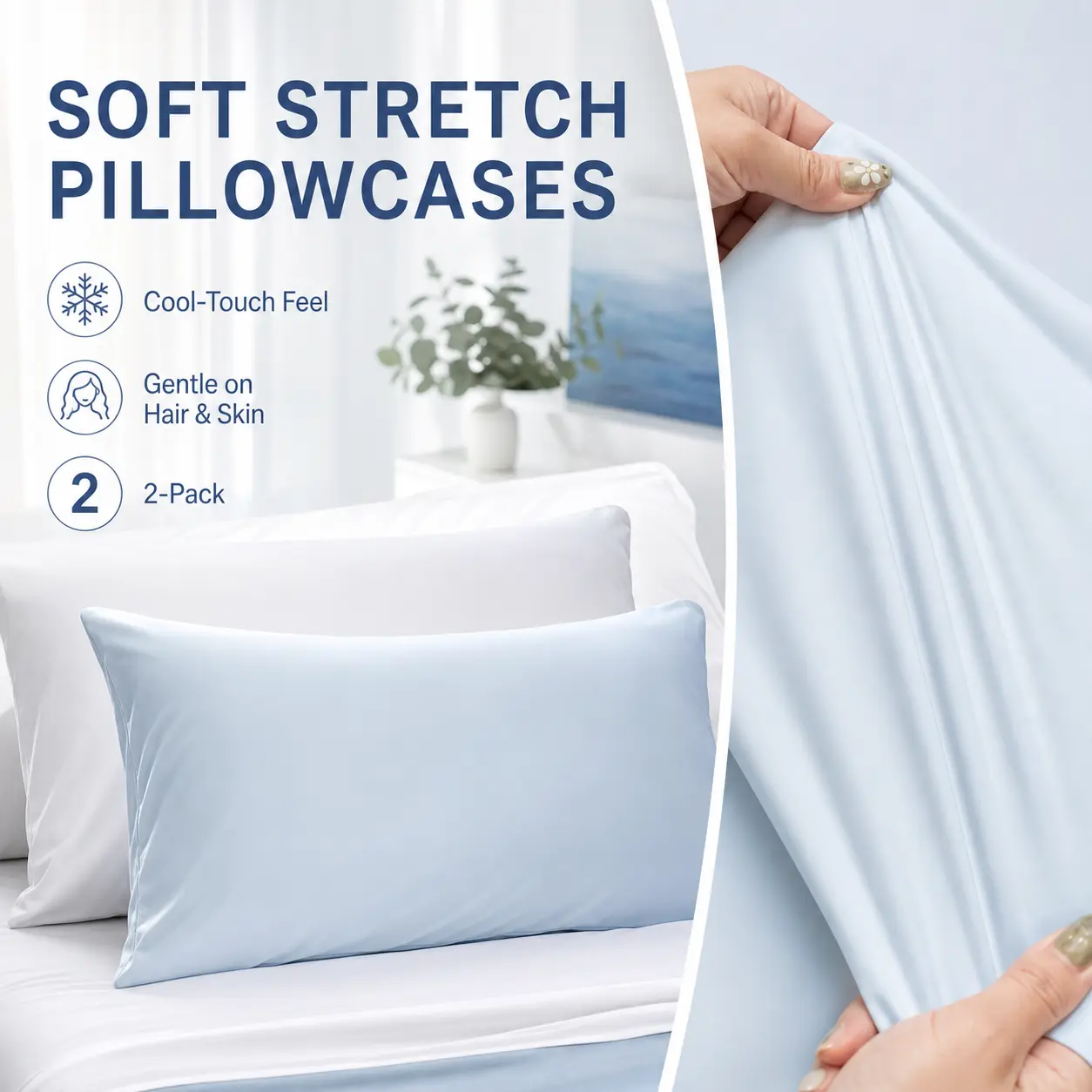 CloudReston Silky-Smooth Cooling Pillowcases 2-Pack, Hair & Skin Friendly Beauty Sleep Pillow Covers with Hidden Zipper, Queen-King Size Bedding Pillowcases