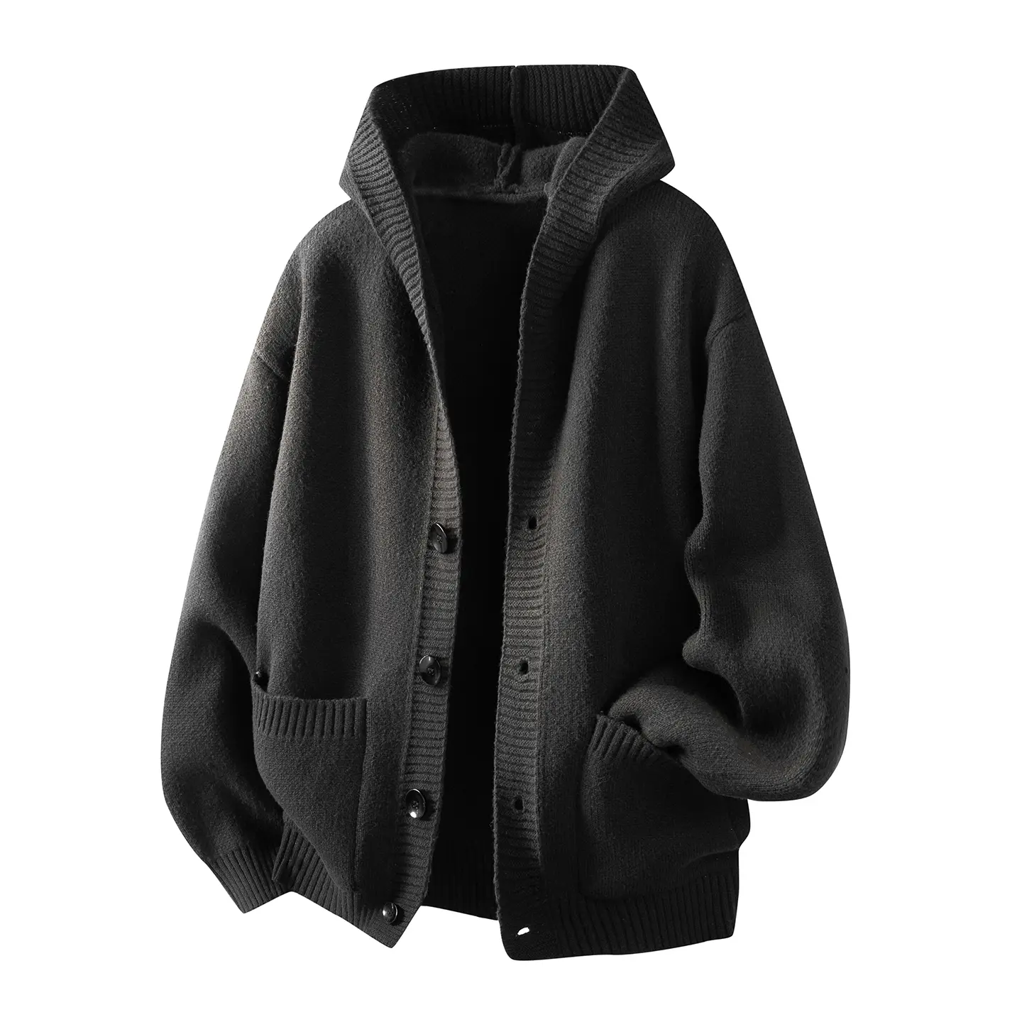 Men’s hooded knit sweater, simple classic design, autumn/winter cardigan, ribbed details, two pockets, available in multiple colors