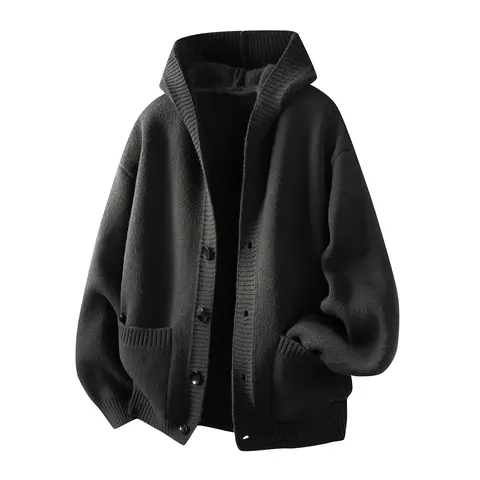 Men’s hooded knit sweater, simple classic design, autumn/winter cardigan, ribbed details, two pockets, available in multiple colors