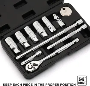 11PCS 3/8" Drive Socket Accessory Set, SAE/Metric, 6 Point Spark Plug Sockets, Universal Joint, Extension Bar, Ratchet Wrench, Spark Plug