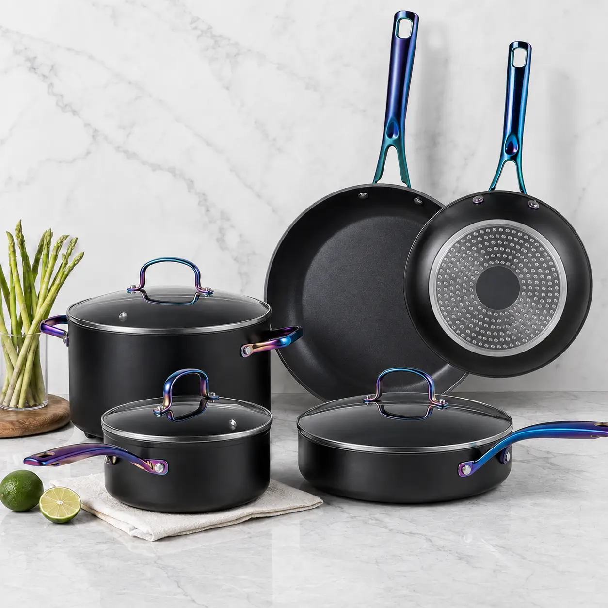 Ammeloo 17-Pc Ceramic Cookware Set - Non-Stick Induction Pots and Pans, Premium Colored Stay-Cool Handles, PFOA/PFOS-Free Non-Toxic, Oven-Safe, All-Stovetop Compatible, Thick Black Nonstick Coating