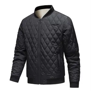 Men’s black quilted baseball jacket — diamond pattern, ribbed cuffs/hem, warm autumn–winter everyday streetwear jacket