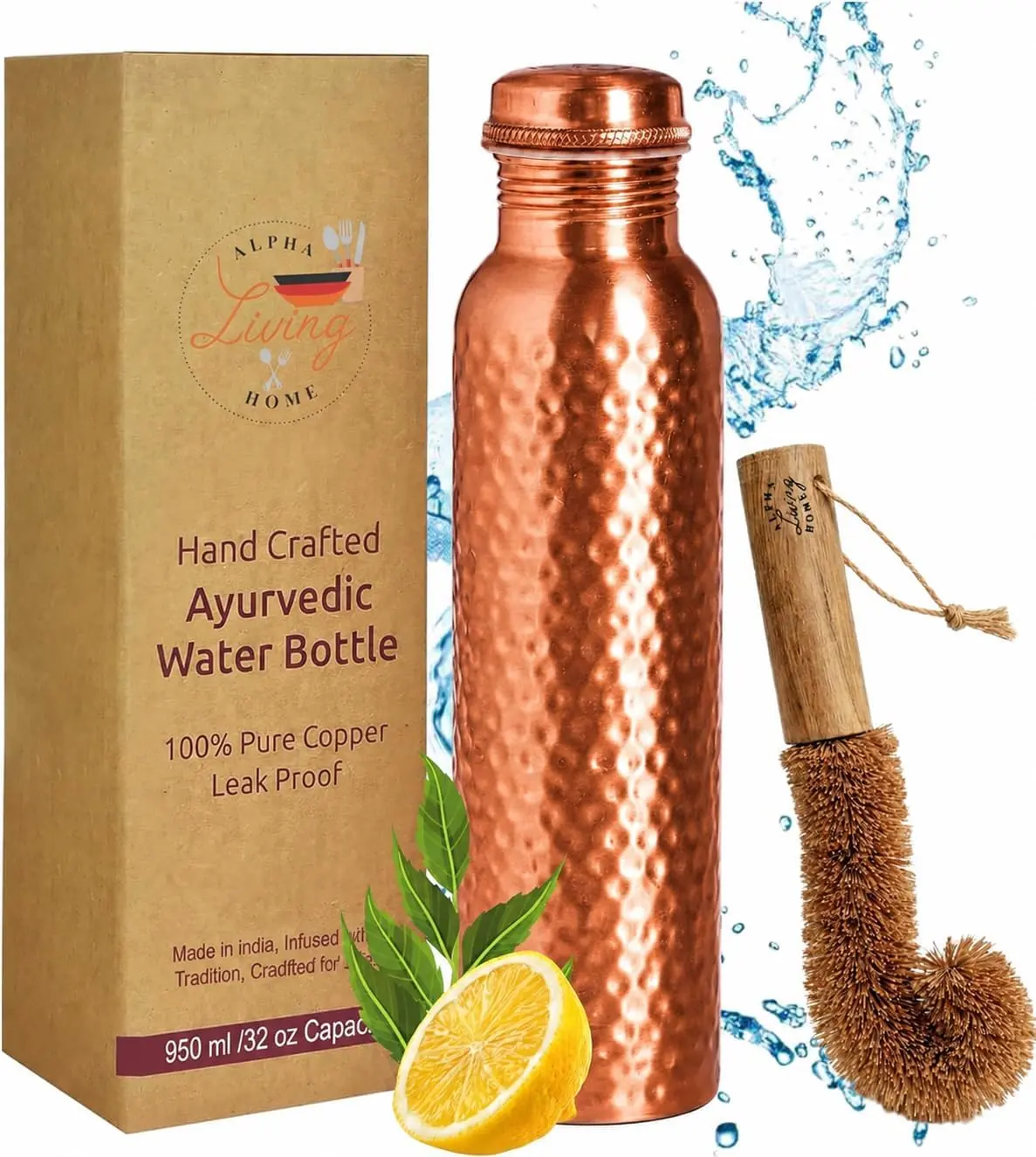 Home Pure Copper Water Bottle, 32 oz, Hammered, Ayurvedic | 100% pure copper, hand hammered, 32 oz, leak-proof screw cap, includes cleaning brush, reusable, travel-ready