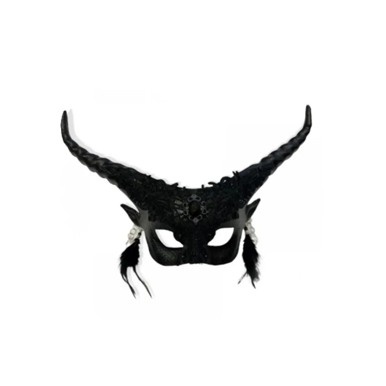 Krampus Devil Mask - Black Lace - Feather Earrings - Costume Accessory