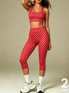 2026 Polka Dot 2 Piece Outfits for Women, White Black Dot Halter Neck Crop Top + High Waist Tummy Control Capri Leggings Set, Y2K Aesthetic Casual Workout Activewear, Summer Matching Sets for Gym Yoga Daily Wear, Gymwear, Yoga Suit Set, Fashion