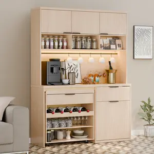 Large Pantry Cabinet with  with LED Light & Charging Station, 71" Tall Kitchen Storage Cabinets with Wine Cabinet Cart, Kitchen Hutch with Microwave Stand