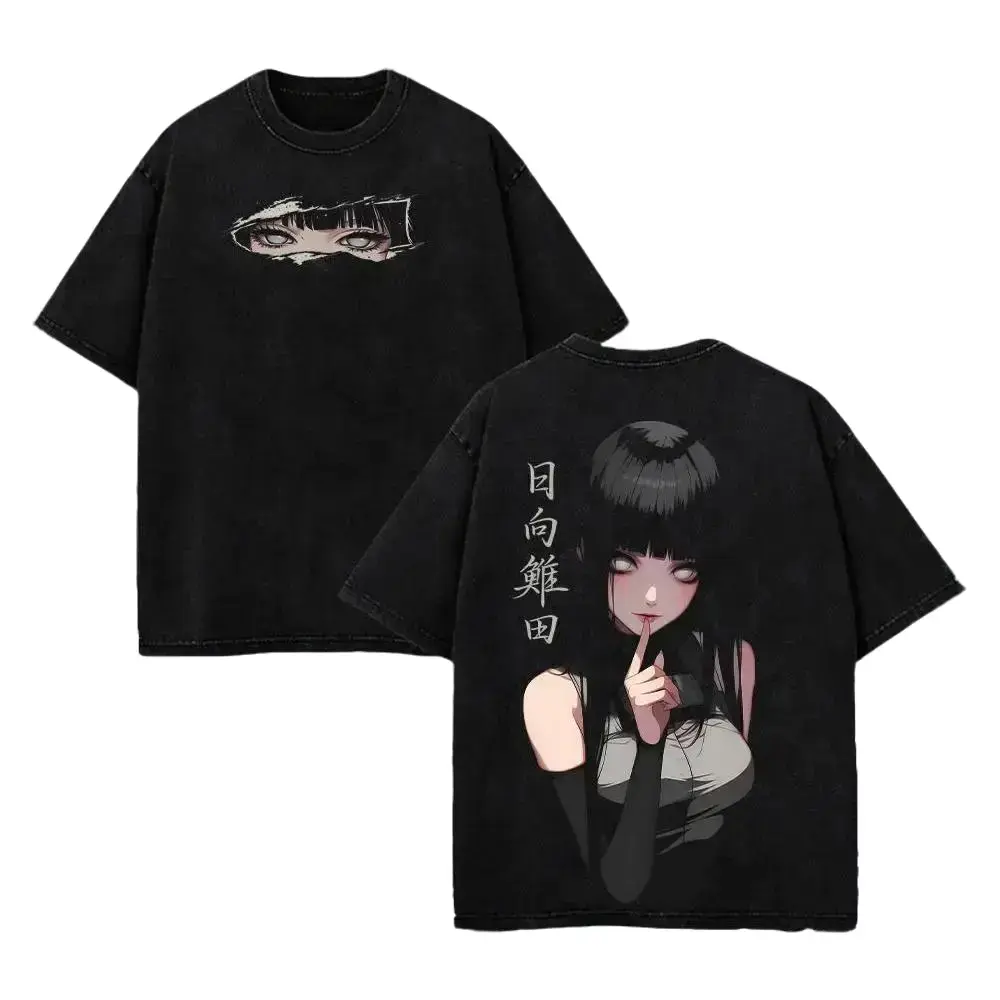 Naruto Hinata Hyuga Vintage Washed Graphic Tee Heavy Cotton Oversized Anime Streetwear Y2K Japanese Manga Clothing Waifu T-Shirt Gym Pump Cover Casual Cosplay Apparel Black Top Otaku Merch High Quality Men Women Exclusive Ninja Fan Gift Clothing Classic T