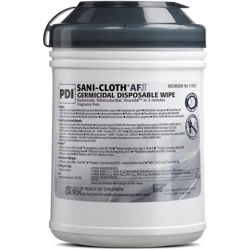 Sani-Cloth AF3 Wipes, Large, Case, 12 Canisters, 1920 Wipes, Canister, 6" x 6.75"