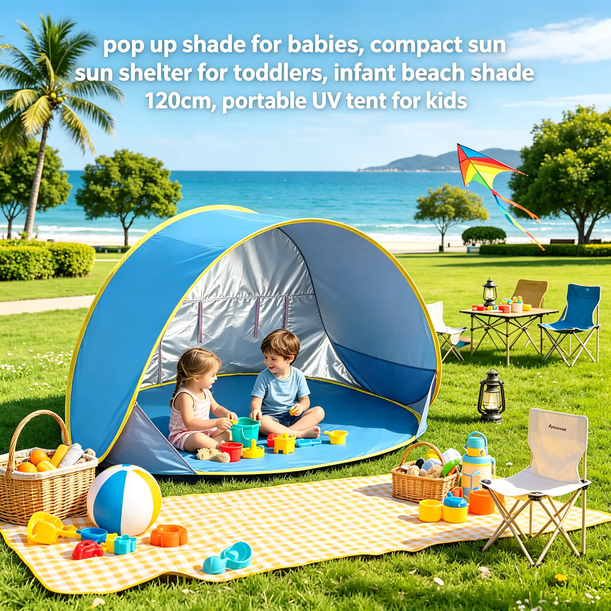 pop up shade for babies, compact sun shelter for toddlers, infant beach shade 120cm, portable UV tent for kids