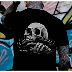 Graphic T-Shirt I'M FINE Drowning Skull Black Print Men’s Unisex Fashion Soft Fabric Short Sleeve Regular Fit Casual Streetwear Crewneck Graphic Tropical Gothic Skull Tee Vintage Dark Humor Shirt Oversized Summer Streetwear Aesthetic Top
