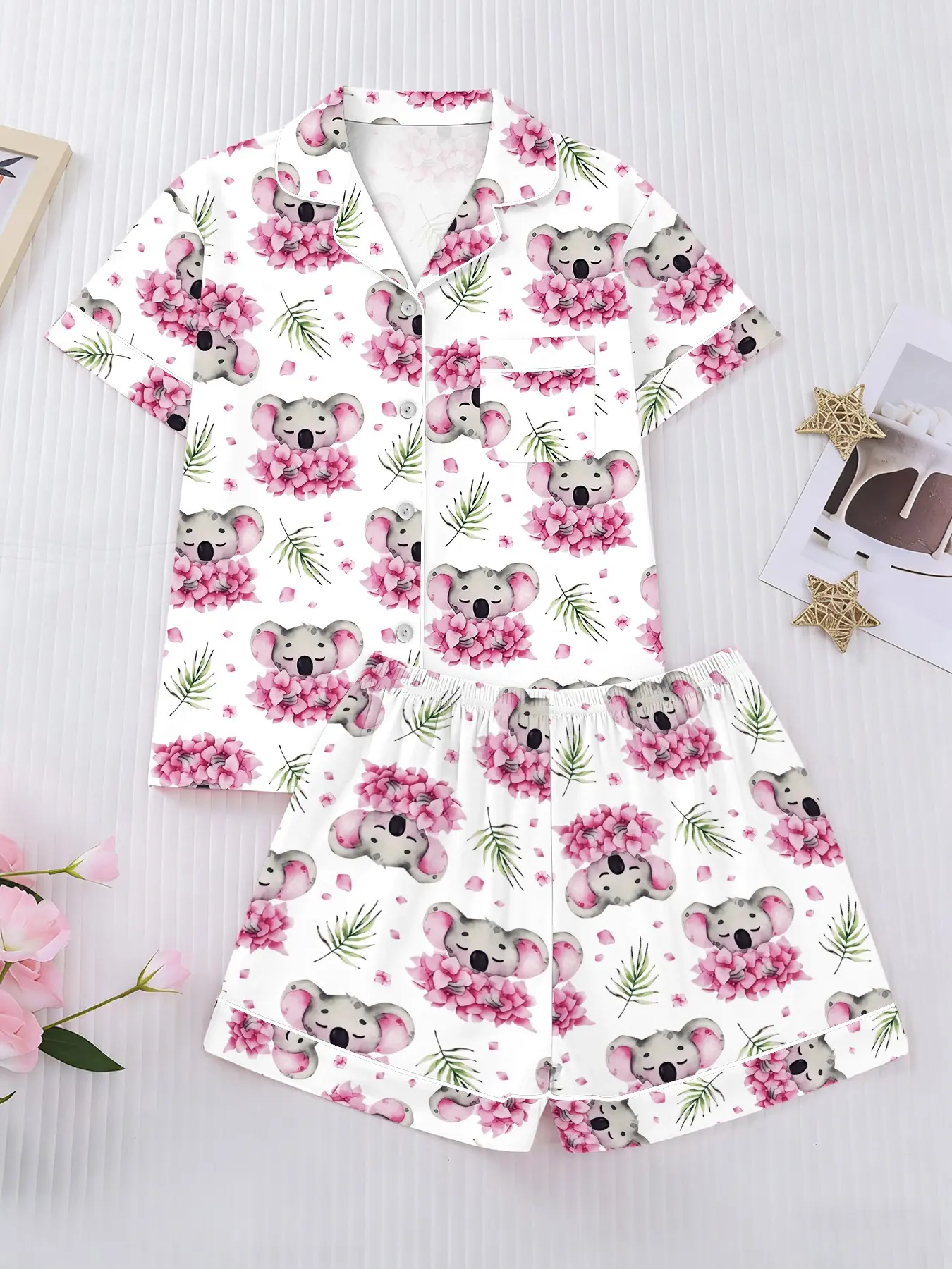 Women's Sleepwear Short Sleeve Pajama Set, Button-Up Collar Top, Elastic Waist Shorts, Casual Comfortable Home Sleeping Clothes, Koala Print Design, Pyjamas, Homewear