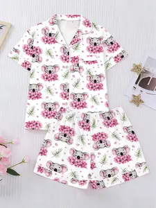 Women's Sleepwear Short Sleeve Set, Button-Up Collar Top, Elastic Waist Shorts, Casual Comfortable Home Sleeping Clothes, Koala Print Design