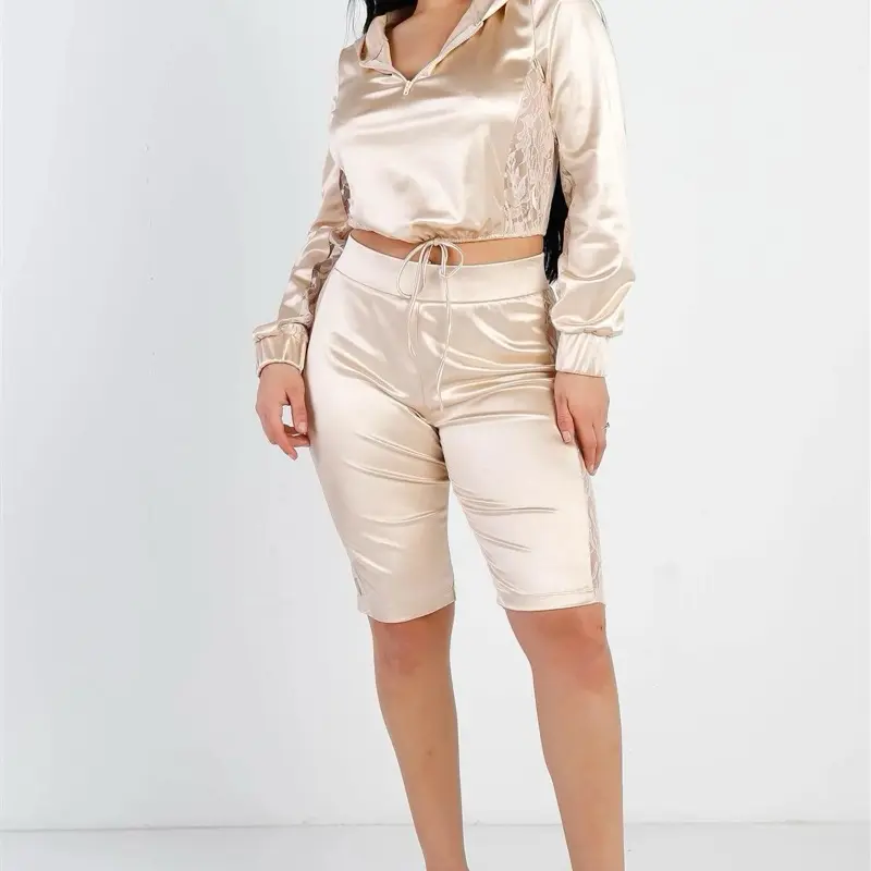 Champagne Satin Lace Details Long Sleeve Hooded Crop Top & Biker Short Set for Women Womenswear Clothes Suits