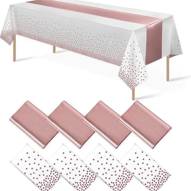 4 Packs White and Rose Gold Disposable Plastic Tablecloths and Satin Table Runner Set, 54 x 108 Inch Tablecloth, 12 x 108 Inch Table Runners for Wedding Graduation Birthday Baby Shower