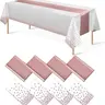 4 Packs White and Rose Gold Disposable Plastic Tablecloths and Satin Table Runner Set, 54 x 108 Inch Tablecloth, 12 x 108 Inch Table Runners for Wedding Graduation Birthday Baby Shower
