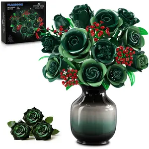 PLAXSOON Flowers Bouquet Building Set with Lights, 16 Green Roses Botanical Collection Building Blocks for Adults Girls, 523PCS Artificial Flower Valentines Day Birthday Gift for Her Home Office Decor