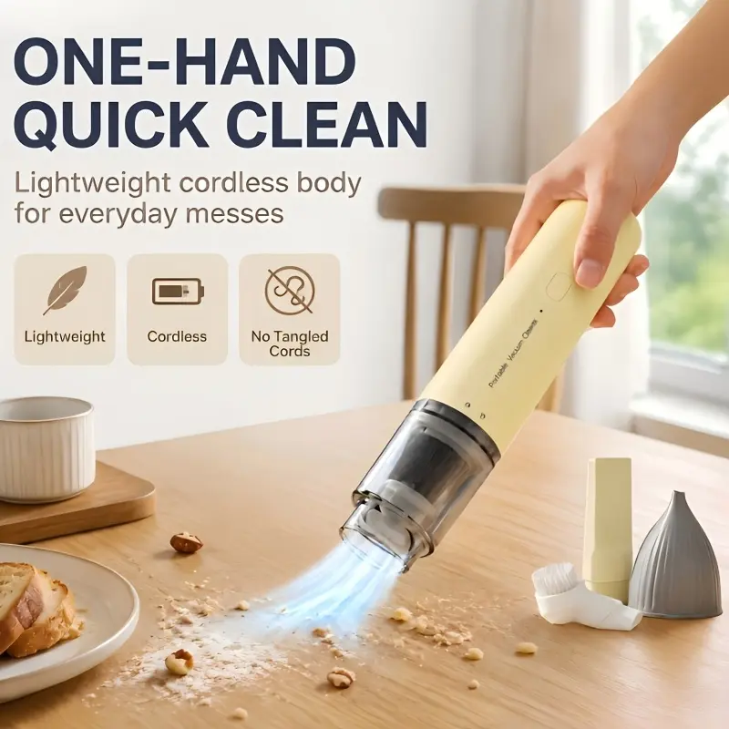 Mini handheld vacuum cleaner, 1200mAh large capacity, low noise, equipped with five matching accessories (can blow air), powerful suction for small household cleaning of car interiors, cordless rechargeable vacuum cleaner