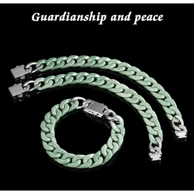 Natural Jade Cuban Chain Bracelet, Jade Titanium Steel Hip Hop Style, Unisex Retro Jewelry, Mysterious Oriental Aesthetic Design Natural Jade Cuban Chain Bracelet, Jade Titanium Steel Hip Hop Style, Unisex Retro Jewelry, Mysterious Oriental Aesthetic Design