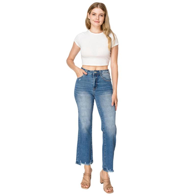 ONESO Women High Rise Cropped Flared Jeans with Raw Hem Ankle-length Distressed Denim Pants OST023 Plus Size