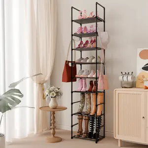 10-Tiers Shoe Rack for Cloest, Tall Shoe Organizer for Entryway Bedroom Hallway, Large Capacity Shoe Rack, Shoe Storage Large Capacity for 20-24 Pairs of Shoes and Boots, Narrow Metal Shoe Shelf with Hooks,Gifts, MENOLANA