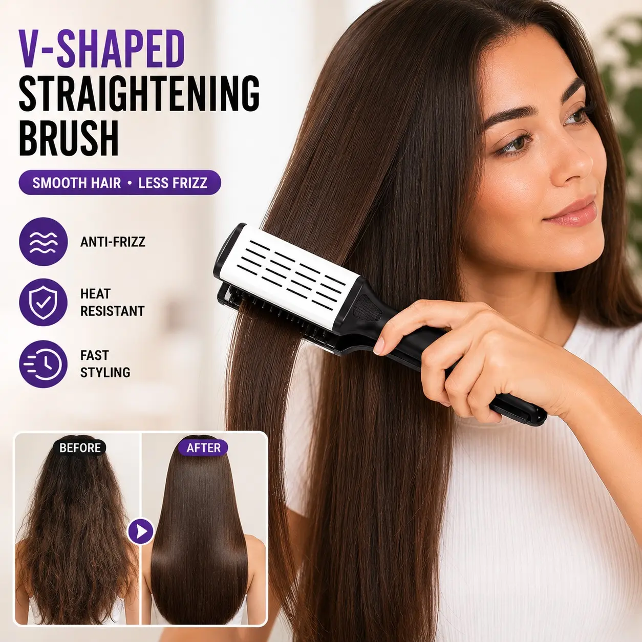 Hair Smoothing Brush V-Shaped Straightening Comb, Double-Sided Hair Taming Tool for Thick Curly Wavy Hair, Reduce Frizz & Flyaways, Heat-Resistant Blow Dry Styling Brush, Easy Daily Hair Care Comb for Women Men Salon Home Use