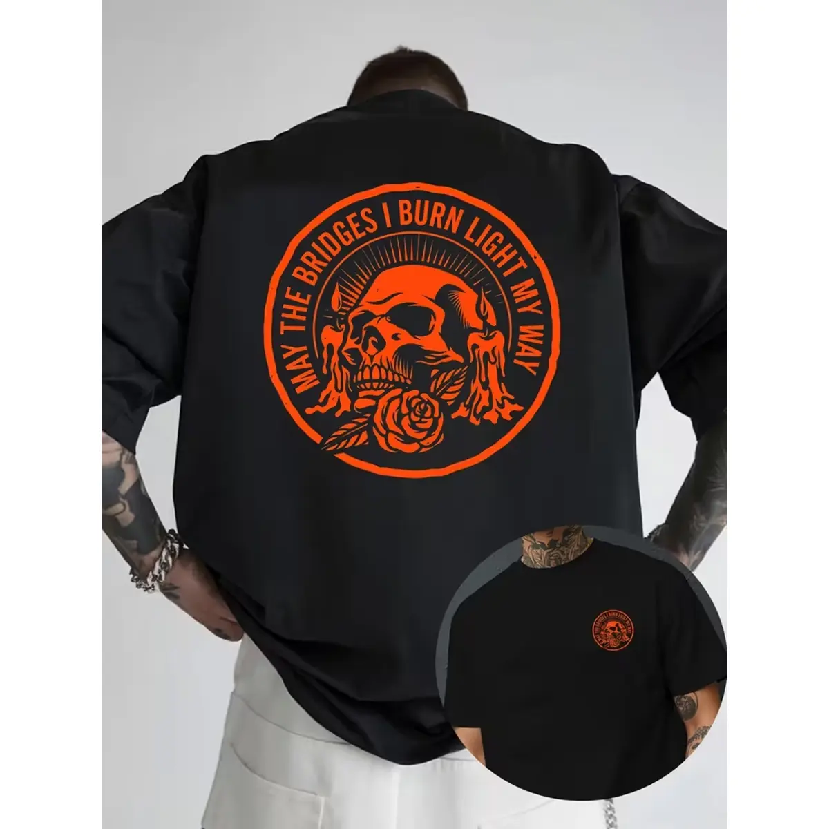 Men's "May the Bridges I Burn Light My Way" T-Shirt | Skull Rose Gothic Style Printed T-Shirt