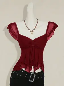 Spring Summer Fashion Ruched Front Slim Fit Sexy Sheer Mesh Lined Hollow Out Vest Top, Casual Commuter Beach Vacation Wear